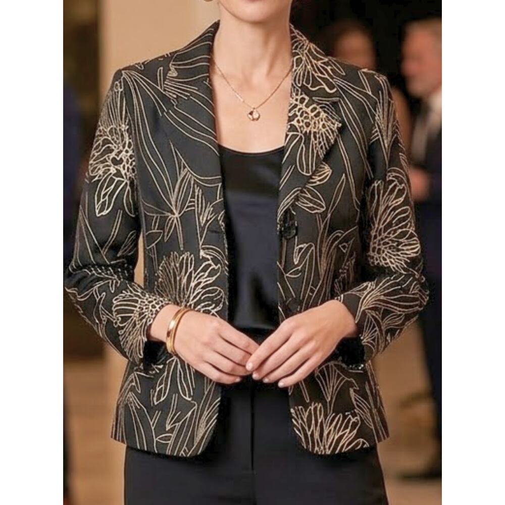 CHICO’S Black Gold Embroidered Blazer Size 1 M | Statement Evening Jacket